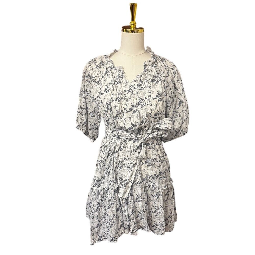 Cleobella Nevah Floral Mini Dress White Blue Puff Sleeve Tie Belt Cotton Size M - Picture 2 of 6